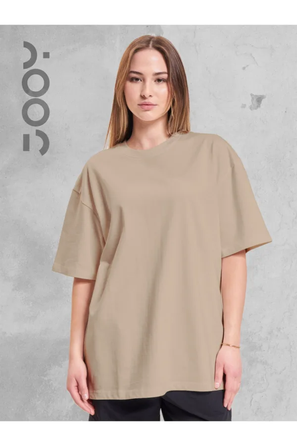 Düz Bej Bisiklet Yaka Oversize Boyfriend Basic Tshirt - XL-alttext1