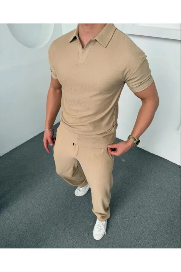 Erkek Bej Fitilli Polo Yaka Tişört - Beli Lastikli Jogger Alt 2'li Takım - L-alttext1