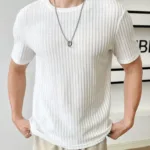 Erkek Beyaz Fitilli Bisiklet Yaka Triko T-Shirt - XL-alttext1