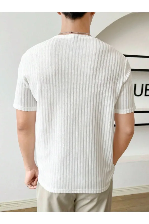 Erkek Beyaz Fitilli Bisiklet Yaka Triko T-Shirt - XL-alttext5
