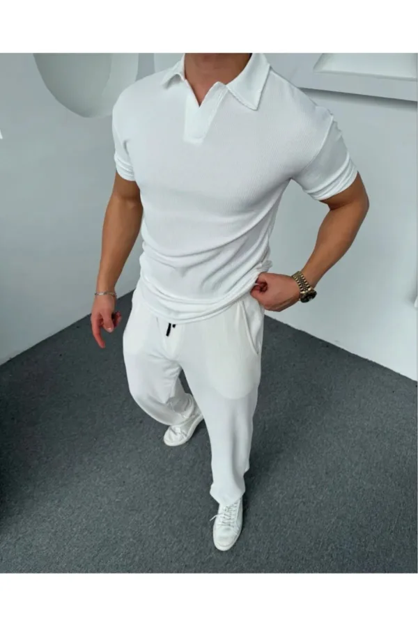 Erkek Beyaz Fitilli Polo Yaka Tişört - Beli Lastikli Jogger Alt 2'li Takım - XL-alttext1