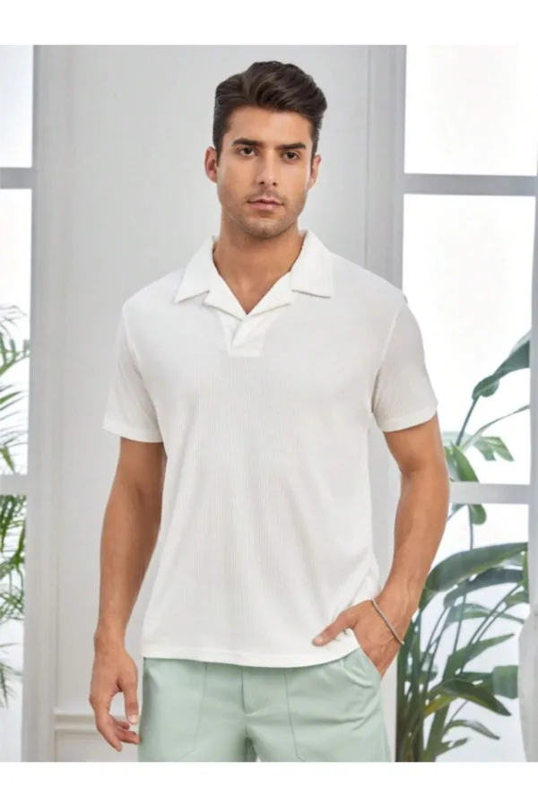 Erkek Beyaz Fitilli Polo Yaka Triko T-Shirt - L-alttext2