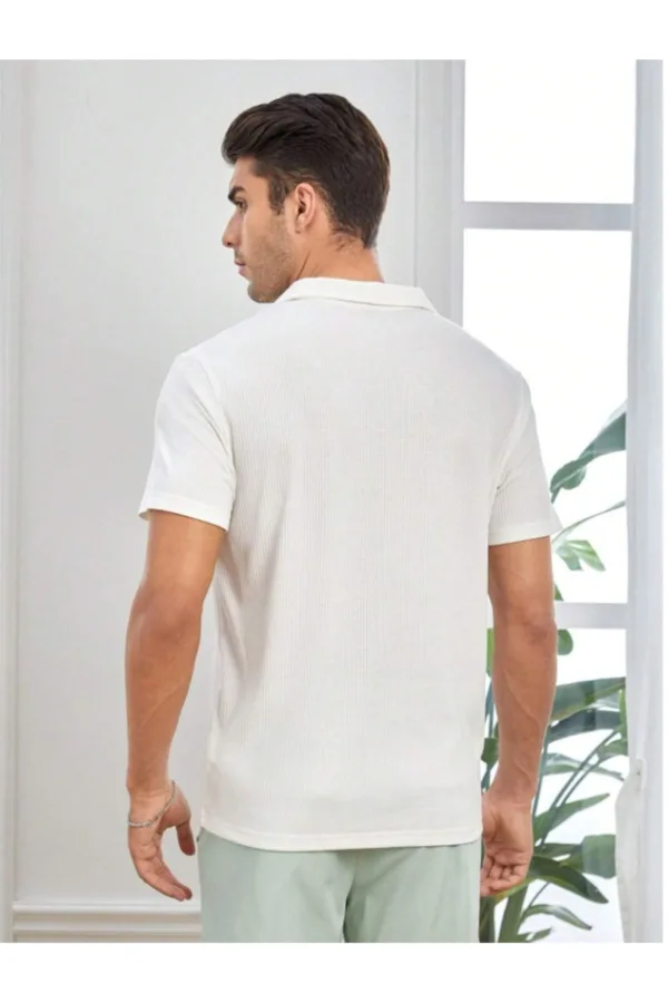 Erkek Beyaz Fitilli Polo Yaka Triko T-Shirt - L-alttext5
