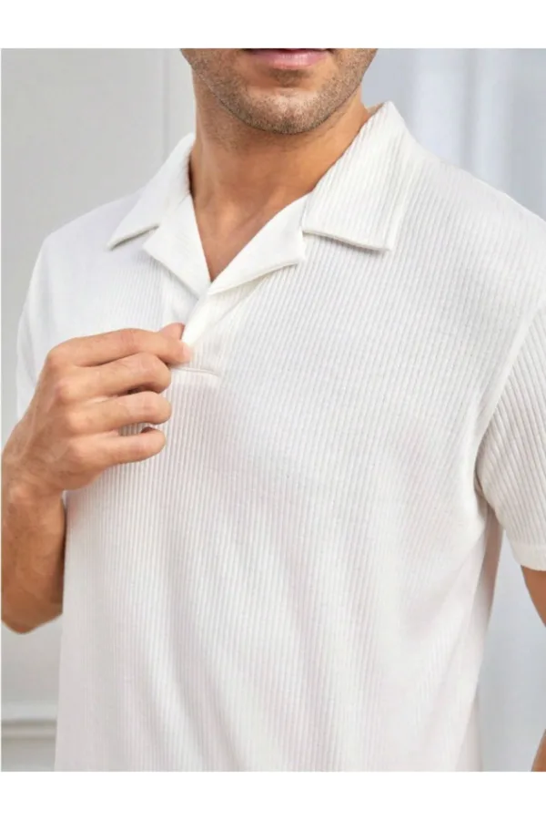 Erkek Beyaz Fitilli Polo Yaka Triko T-Shirt - L-alttext1