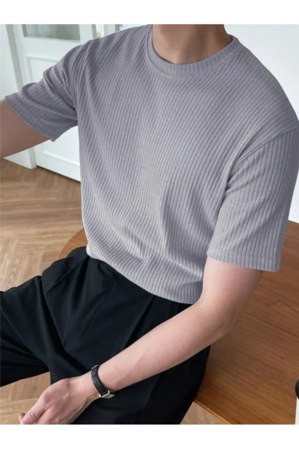 Erkek Duman Gri Fitilli Bisiklet Yaka Triko T-Shirt - XL-alttext5
