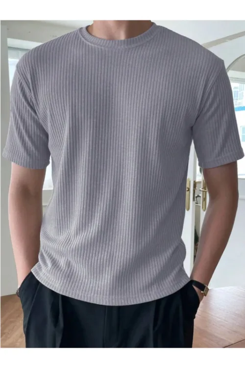 Erkek Duman Gri Fitilli Bisiklet Yaka Triko T-Shirt