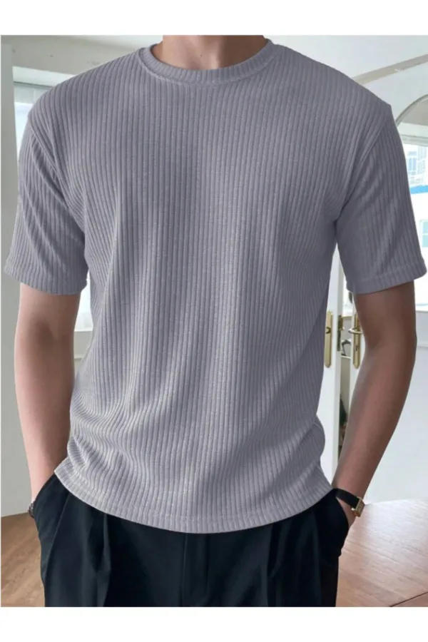 Erkek Duman Gri Fitilli Bisiklet Yaka Triko T-Shirt - XL-alttext1