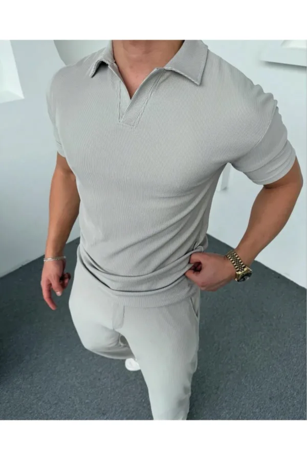 Erkek Duman Gri Fitilli Polo Yaka Tişört - Beli Lastikli Jogger Alt 2'li Takım - XL-alttext3