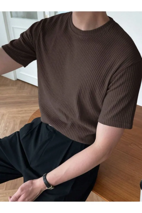 Erkek Kahverengi Fitilli Bisiklet Yaka Triko T-Shirt - XL-alttext2