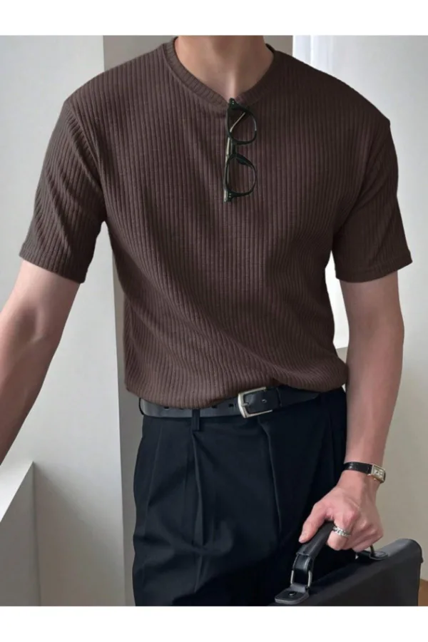 Erkek Kahverengi Fitilli Bisiklet Yaka Triko T-Shirt - XL-alttext3