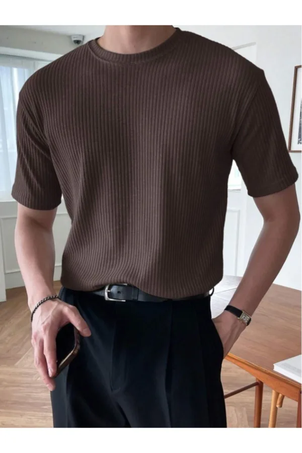 Erkek Kahverengi Fitilli Bisiklet Yaka Triko T-Shirt - XL-alttext4