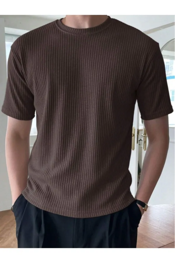 Erkek Kahverengi Fitilli Bisiklet Yaka Triko T-Shirt - XL-alttext1