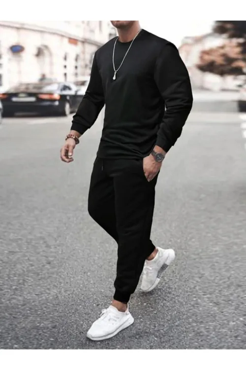 Erkek Siyah Bisiklet Yaka Sweatshirt Siyah Eşofman Altı Takım