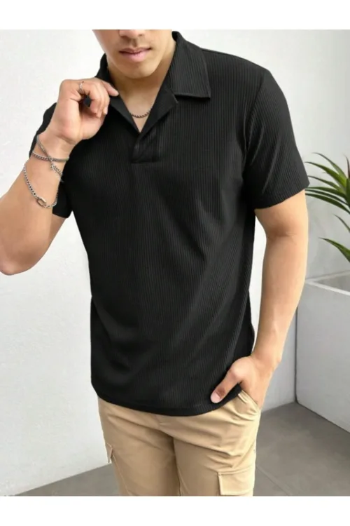 Erkek Siyah Fitilli Polo Yaka Triko T-Shirt