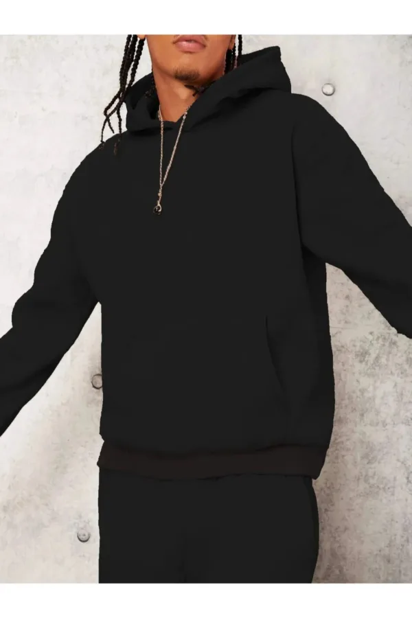 Erkek Siyah Kapüşonlu Sweatshirt Siyah Eşofman Altı 2'li Set - L-alttext2