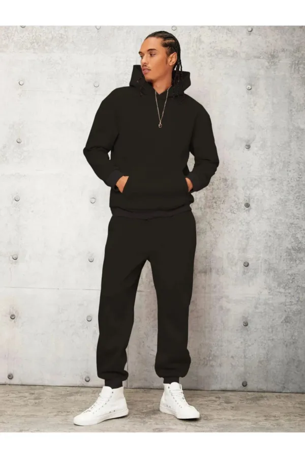 Erkek Siyah Kapüşonlu Sweatshirt Siyah Eşofman Altı 2'li Set - L-alttext1