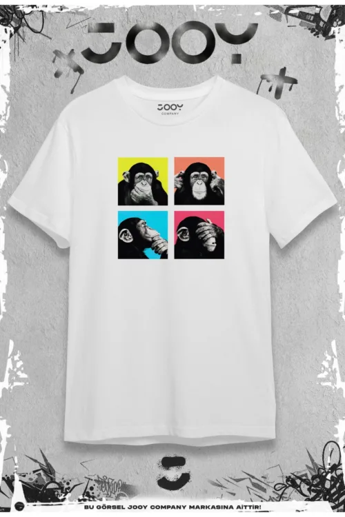 Four Monkey Baskılı Beyaz Oversize Tshirt