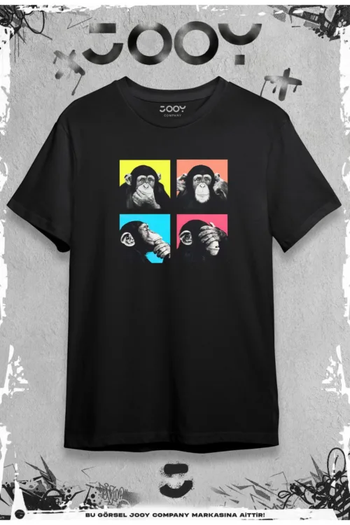 Four Monkey Baskılı Siyah Oversize Tshirt