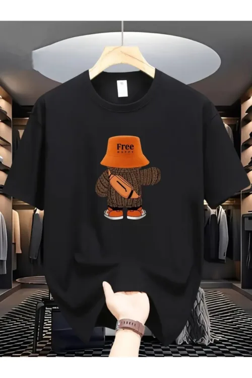 Free Happy Ayıcık Baskılı Siyah Oversize T-Shirt