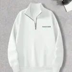 Freedom Baskılı Yarım Fermuarlı Dik Yaka Beyaz Sweatshirt-alttext1