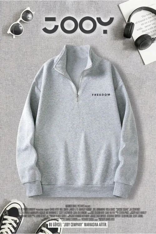 Freedom Baskılı Yarım Fermuarlı Dik Yaka Gri Sweatshirt