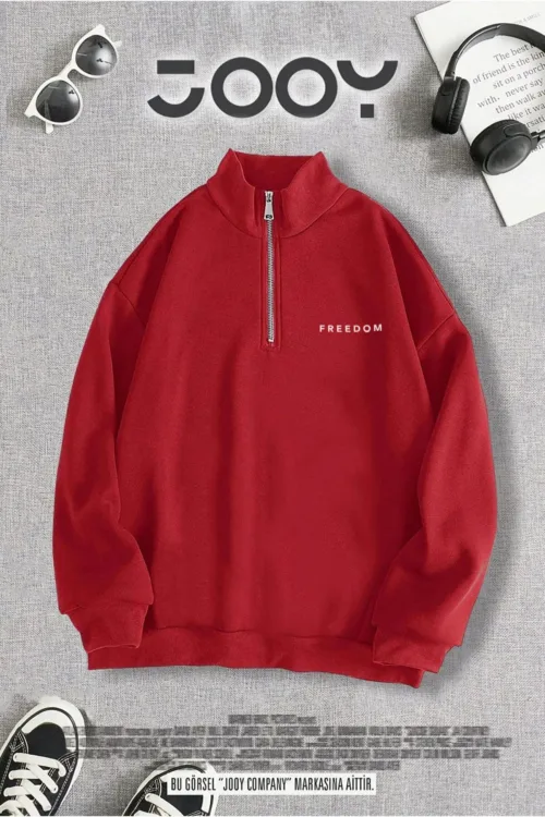 Freedom Baskılı Yarım Fermuarlı Dik Yaka Kırmızı Sweatshirt