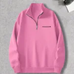 Freedom Baskılı Yarım Fermuarlı Dik Yaka Pembe Sweatshirt - L-alttext1