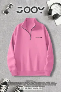 Freedom Baskılı Yarım Fermuarlı Dik Yaka Pembe Sweatshirt-alttext1