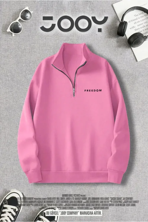 Freedom Baskılı Yarım Fermuarlı Dik Yaka Pembe Sweatshirt