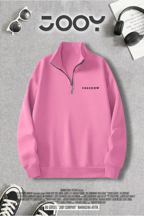 Freedom Baskılı Yarım Fermuarlı Dik Yaka Pembe Sweatshirt - L-alttext1