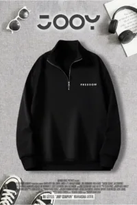 Freedom Baskılı Yarım Fermuarlı Dik Yaka Siyah Sweatshirt-alttext1