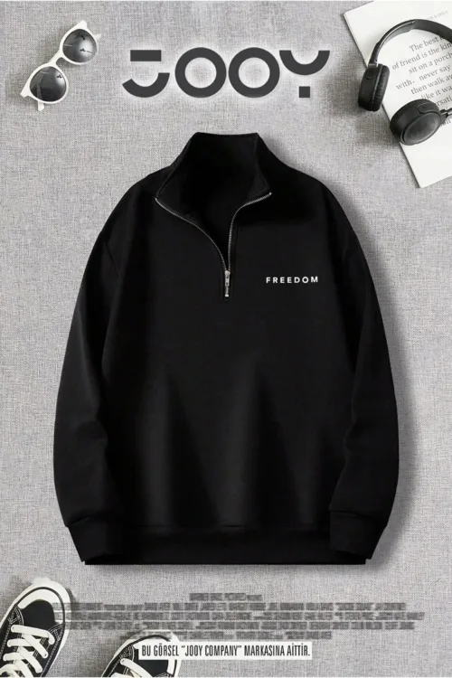 Freedom Baskılı Yarım Fermuarlı Dik Yaka Siyah Sweatshirt