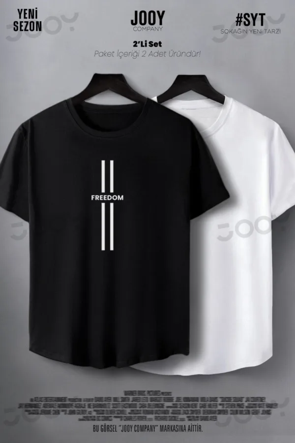 Freedom Çizgi Baskılı Siyah Beyaz Oval Kesim Slim Fit Tshirt 2'li Set - L-alttext2