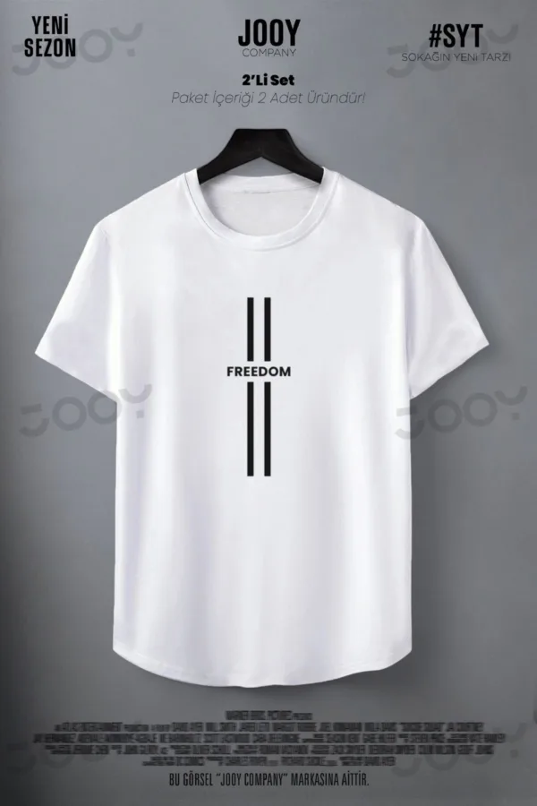 Freedom Çizgi Baskılı Siyah Beyaz Oval Kesim Slim Fit Tshirt 2'li Set - L-alttext3