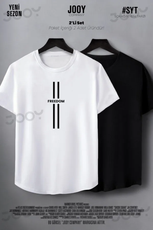 Freedom Çizgi Baskılı Siyah Beyaz Oval Kesim Slim Fit Tshirt 2'li Set - L-alttext1