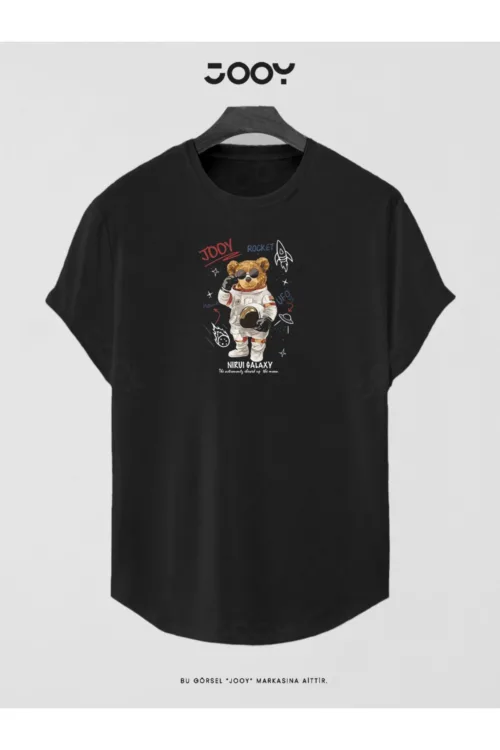 Galaxy Bear Baskılı Slim Fit Oval Kesim T-Shirt