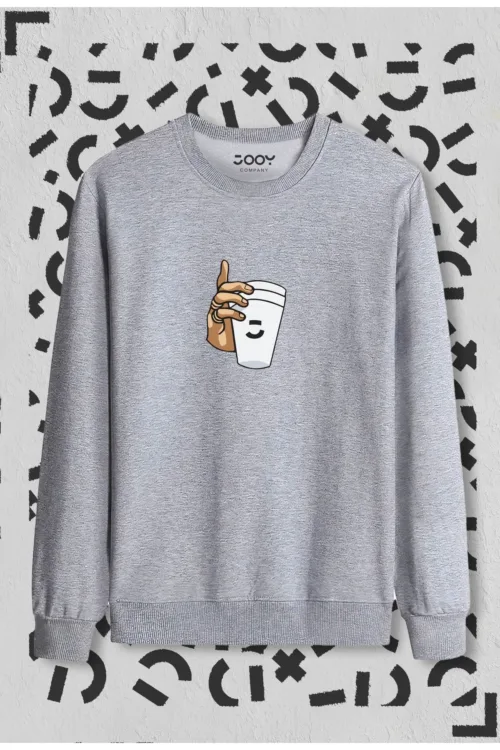 Gri Bardak Baskılı Bisiklet Yaka Sweatshirt
