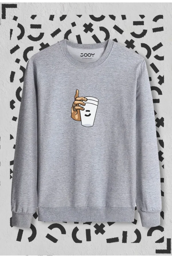 Gri Bardak Baskılı Bisiklet Yaka Sweatshirt - S-alttext1