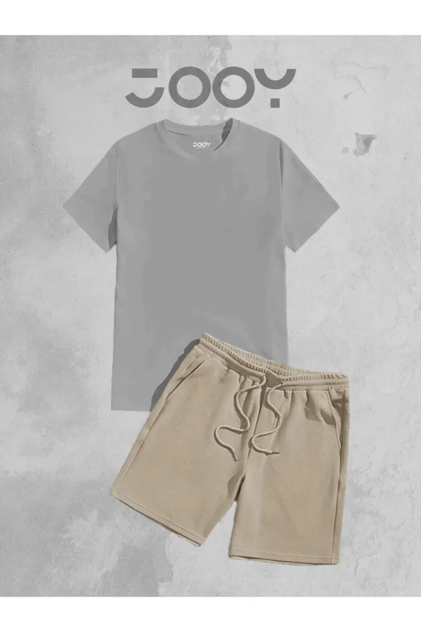 Gri Oversize Tshirt - Bej Penye Şort Takım - L-alttext2