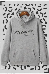 Unisex Gri Gazi M.kemal Atatürk Imza Kapüşonlu Sweatshirt Hoodie-alttext1