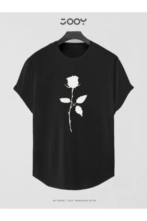 Gül Baskılı Slim Fit Oval Kesim T-Shirt