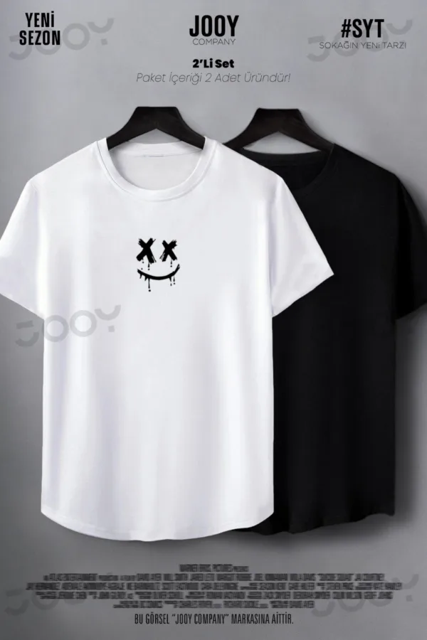 Gülücük Baskılı Siyah Beyaz Oval Kesim Slim Fit Tshirt 2'li Set - M-alttext1