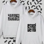 Hanımcı Beyci Sevgili Çift Kombini Katlamalı Tasarım Kapüşonlu Beyaz Sweatshirt 2'li Set - L/XL-alttext1