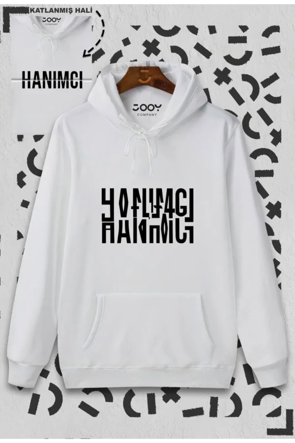 Hanımcı Beyci Sevgili Çift Kombini Katlamalı Tasarım Kapüşonlu Beyaz Sweatshirt 2'li Set - L/XL-alttext3