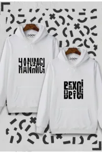 Hanımcı Beyci Sevgili Çift Kombini Katlamalı Tasarım Kapüşonlu Beyaz Sweatshirt 2'li Set-alttext1
