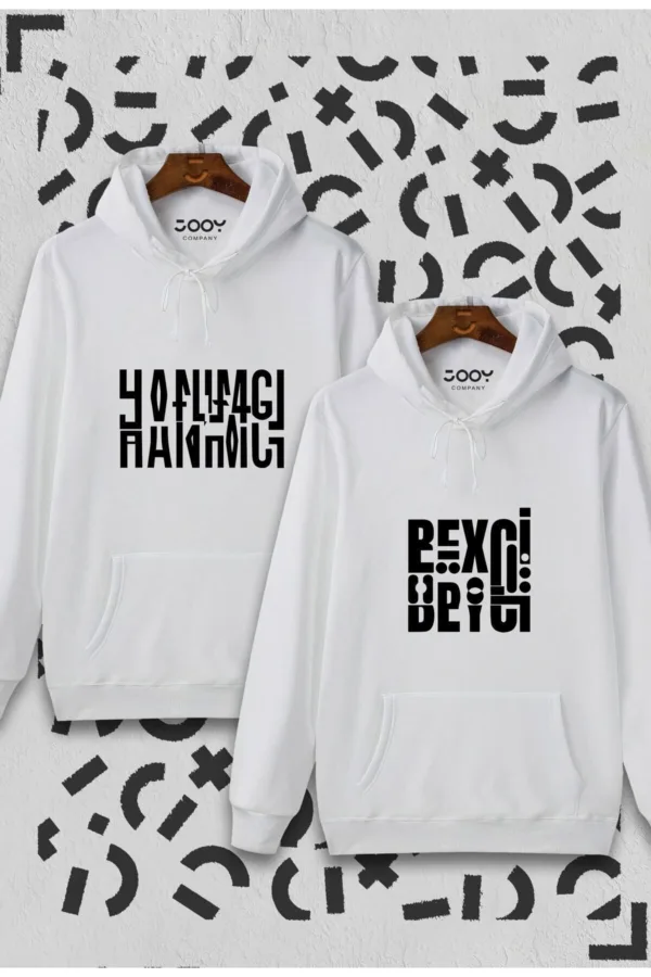 Hanımcı Beyci Sevgili Çift Kombini Katlamalı Tasarım Kapüşonlu Beyaz Sweatshirt 2'li Set - L/XL-alttext1