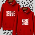 Hanımcı Beyci Sevgili Çift Kombini Katlamalı Tasarım Kapüşonlu Kırmızı Sweatshirt 2'li Set - M-alttext1