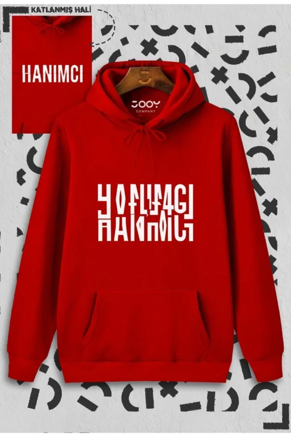 Hanımcı Beyci Sevgili Çift Kombini Katlamalı Tasarım Kapüşonlu Kırmızı Sweatshirt 2'li Set - M-alttext3