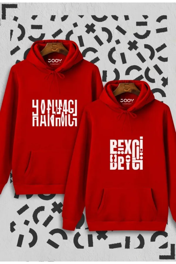 Hanımcı Beyci Sevgili Çift Kombini Katlamalı Tasarım Kapüşonlu Kırmızı Sweatshirt 2'li Set - M-alttext1