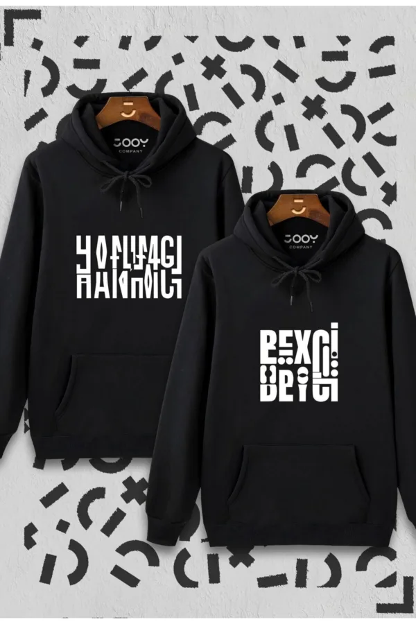 Hanımcı Beyci Sevgili Çift Kombini Katlamalı Tasarım Kapüşonlu Sweatshirt 2'li Set - L-alttext1